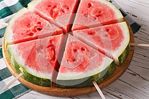 Chopped fresh watermelon on a stick close-up. Horizontal