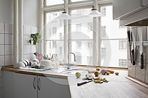 Chopped Fruit And Vegetables At Kitchen Worktop