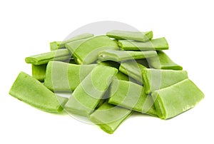 Chopped green beans on white background.