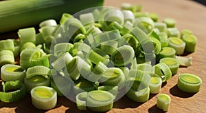 Chopped Green Leeks on Wooden Cutting Board