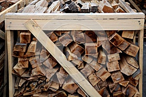 Chopped and hand-folded in a crate for sale or for storage in a cottage. transport by pallet truck. Firewood is suitable for heati