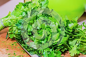 Chopped herbs on cutting board