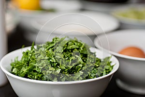 Chopped herbs in professional kitchen