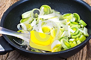 Chopped leeks in frying pan