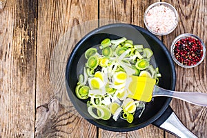 Chopped leeks in frying pan