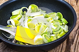 Chopped leeks in frying pan