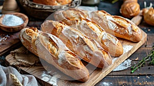 Chopped loaves of freshly baked french baguette bread on wooden table