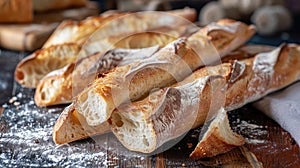 Chopped loaves of freshly baked french baguette bread on wooden table