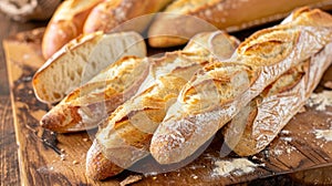 Chopped loaves of freshly baked french baguette bread on wooden table