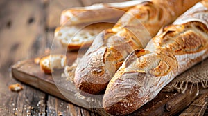 Chopped loaves of freshly baked french baguette bread on wooden table