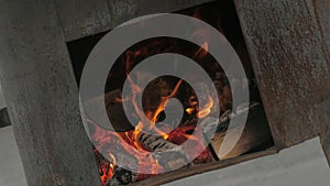 Chopped logs burn in the firebox with a bright flame of fire extreme close up view