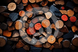 Chopped multicolored logs are stacked. A wall of firewood, a background of dry chopped firewood