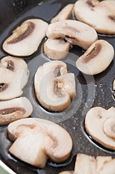 Chopped mushrooms in hot oil in a frying pan