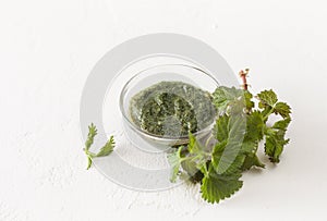 Chopped nettle in a Cup and a sprig of fresh nettles on white