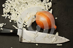 Chopped onions with knife