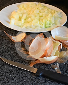 Chopped Onions with Peels and Knife