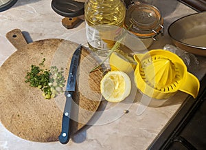 Chopped parsley leaves on a wooden board