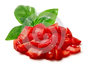 Chopped peeled tomato with basil, a  pile of, isolated