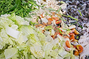 Chopped peking cabbage, tomato, shrimp for hot pot