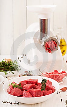 Chopped raw meat. The process of preparing forcemeat by means of a meat grinder