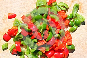 Chopped red and green peppers.