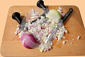 Chopped Red and White Onions on Chopping Board