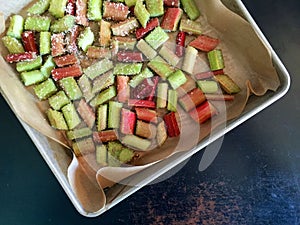 Chopped rhubarb tossed with sugar in parchment paper-lined aluminum pan