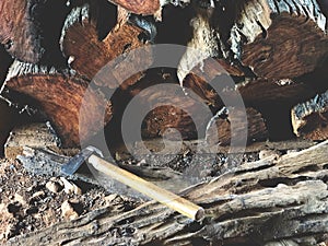 Chopped and stacked pile of birch wood. Texture, background.