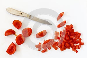 Chopped tomato, knife