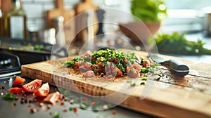 Chopped tomatoes and parsley on a wooden cutting board with seasoning