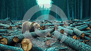 Chopped Trees and Fallen Trunks in Forest with Bear