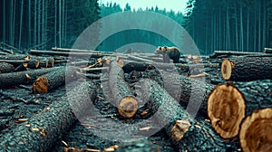 Chopped Trees and Fallen Trunks in Forest with Bear