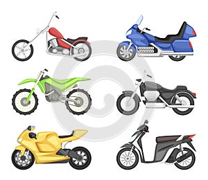 Chopper, cruiser sport bike and others types of motorcycles. Vector illustration set isolate on white background