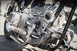 Chopper motorcycle engine closeup