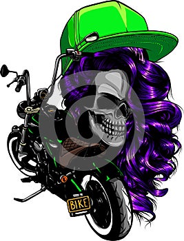 chopper skull biker with retro helmet and custom bike vector illustration on white background