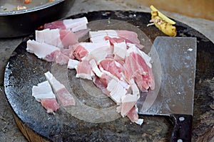 Chopping board with slices of pork.