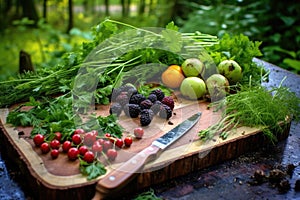 chopping board with wild edibles ready for cooking photo