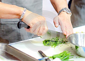 Chopping green onion, Chef cutting fresh vegetables for cooking