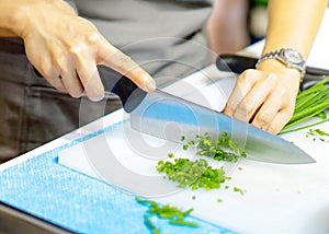 Chopping green onion, Chef cutting fresh vegetables for cooking