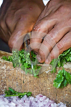 Chopping green vegetables , preperation