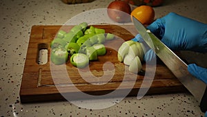 Chopping vegetables such as a onion, pepper and lemon