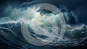 Choppy waves rage beneath menacing storm clouds above.AI Generated