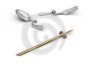 Chopsticks and bent kitchenware