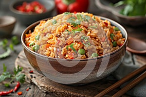 Chopsticks and bowl of fried red rice with vegetables