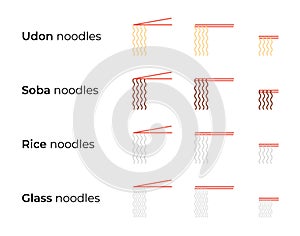 Chopsticks holding noodles vector icons set
