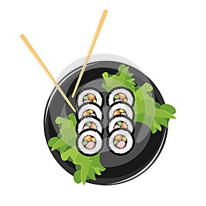 Chopsticks, holding sushi rolls isolated on white background. flat