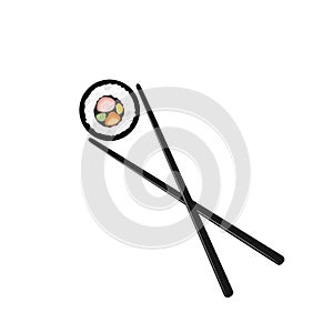 Chopsticks, holding sushi rolls isolated on white background in flat style