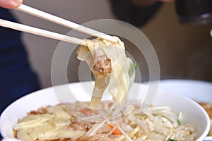 Chopsticks holding wonton noodle.