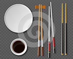 Chopsticks plates. Realistic table setting top view, Traditional japanese or chinese cuisine, wooden cutlery, plate and