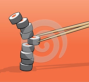Chopsticks taking a middle roll of a sushi tower